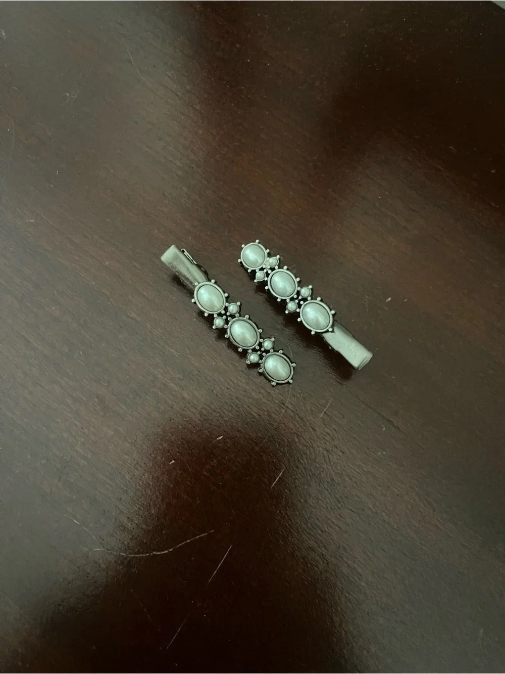 Silver-Tone Decorative Hair Clips with Pale Gray Cabochons